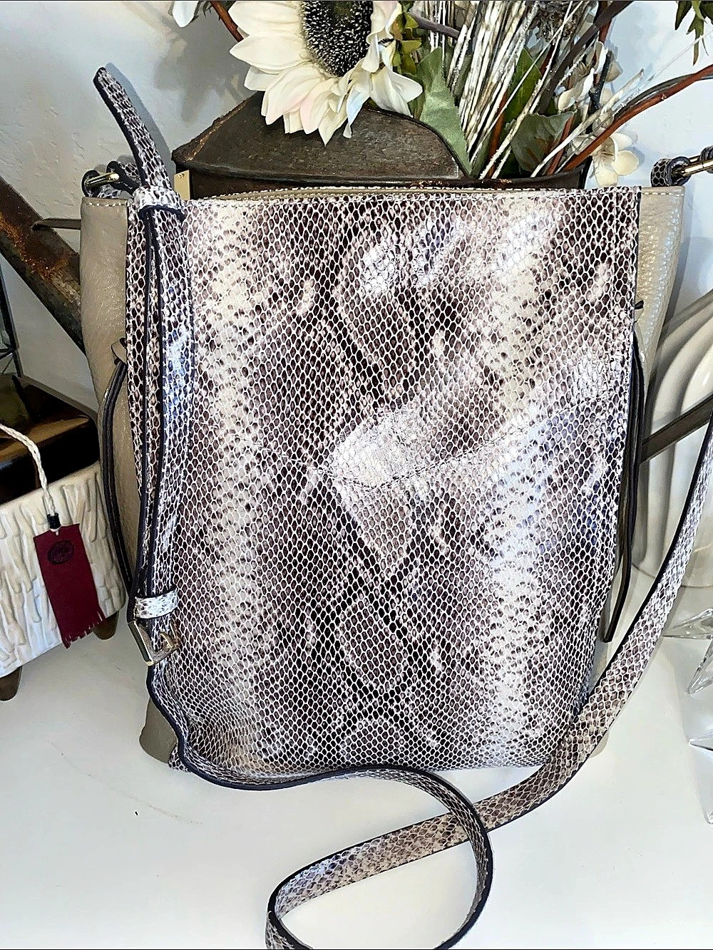 GILI Snake Print Crossbody Leather Bag in Gray & Tan (Olive Green)